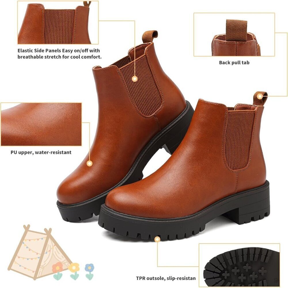 Girls Brown Pull-On Fall Chelsea Boots Water-Resistant PU Ankle Heel Boots - Picture 5 of 7